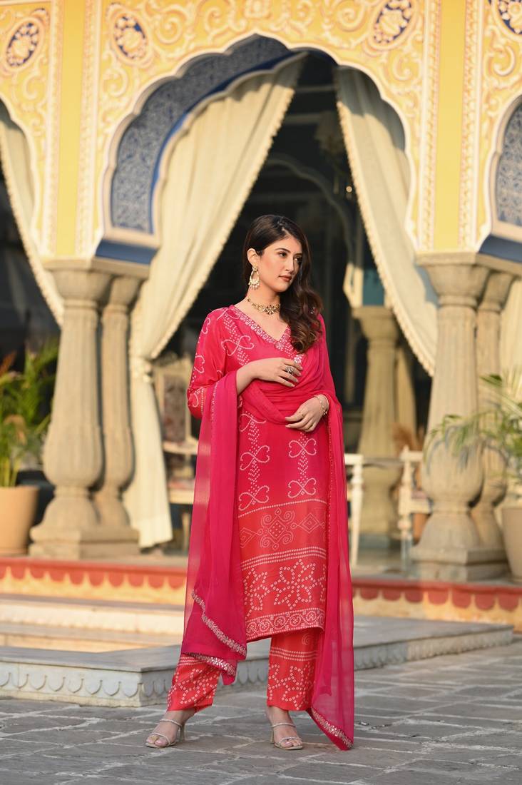 Women's Chinnon Fabric Straight Kurta, Pant and Dupatta Set