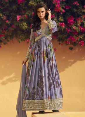 Lavender chinon silk embroidered anarkali suit 1