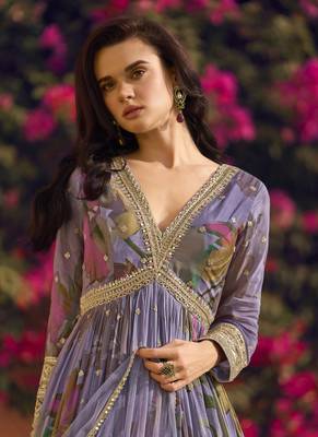Lavender chinon silk embroidered anarkali suit 2