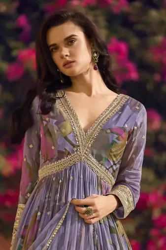 Lavender chinon silk embroidered anarkali suit