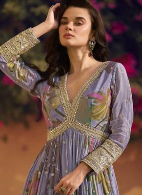 Lavender chinon silk embroidered anarkali suit 3