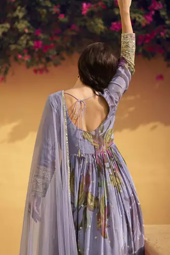 Lavender chinon silk embroidered anarkali suit
