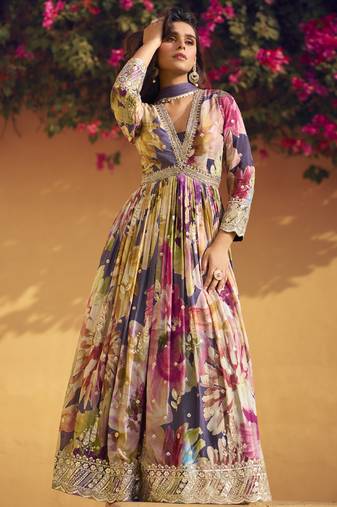 Purple chinon silk embroidered anarkali suit