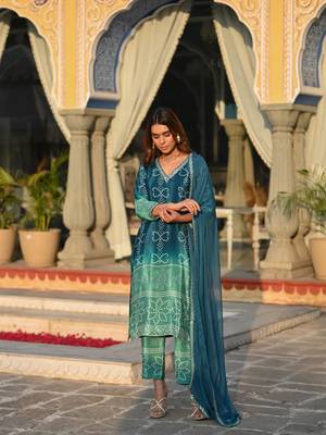 Women's Chinnon Straight Kurta Pant and Dupatta Set 3