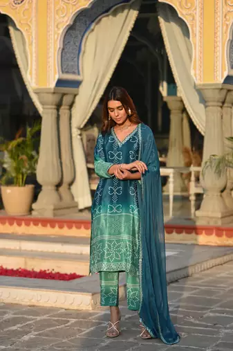 Women's Chinnon Straight Kurta Pant and Dupatta Set