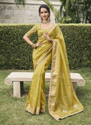 Lemon yellow viscose tussar  jacquard with anmol jari  1