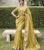 Lemon yellow viscose tussar  jacquard with anmol jari 