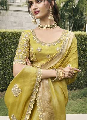 Lemon yellow viscose tussar  jacquard with anmol jari  2
