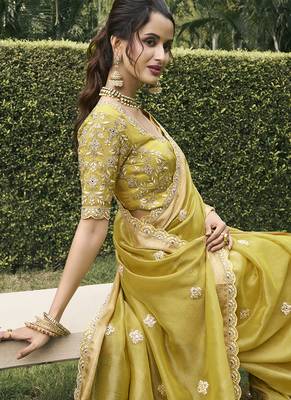 Lemon yellow viscose tussar  jacquard with anmol jari  3