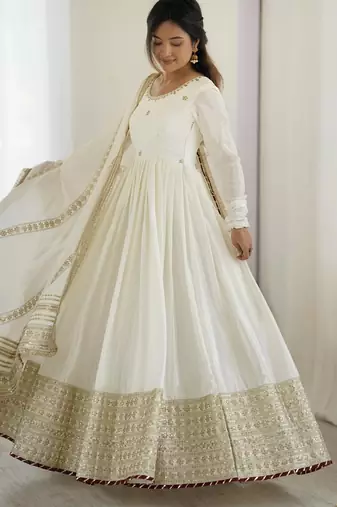 OFF WHITE CHINON SILK PARTY WEAR SUIT SET 