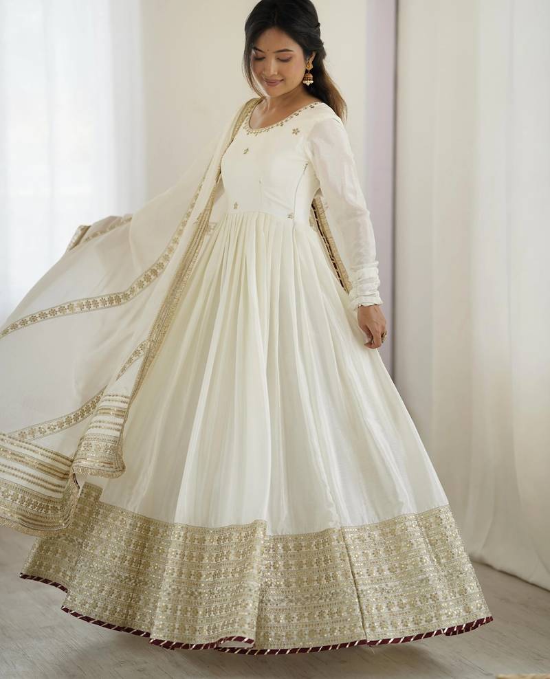 OFF WHITE CHINON SILK PARTY WEAR SUIT SET 