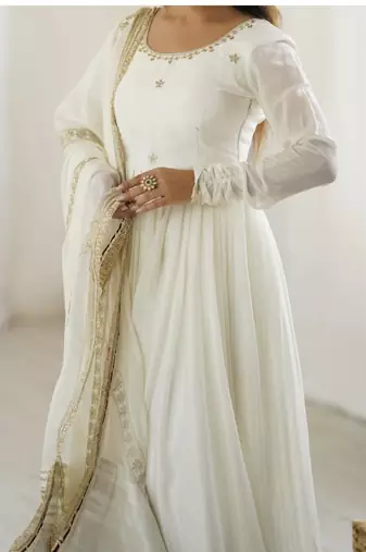 OFF WHITE CHINON SILK PARTY WEAR SUIT SET 