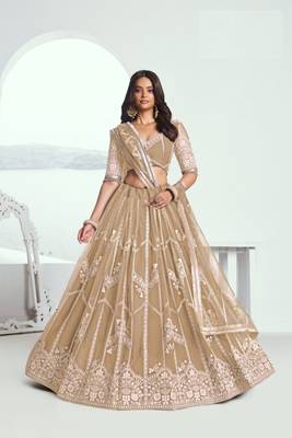 Beige Heavy Embroidery Net Semi Stitch A Line Lehenga With Blouse 1