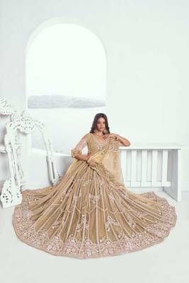 Beige Heavy Embroidery Net Semi Stitch A Line Lehenga With Blouse 2