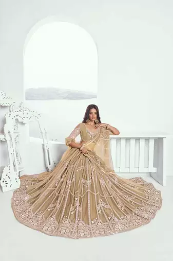 Beige Heavy Embroidery Net Semi Stitch A Line Lehenga With Blouse