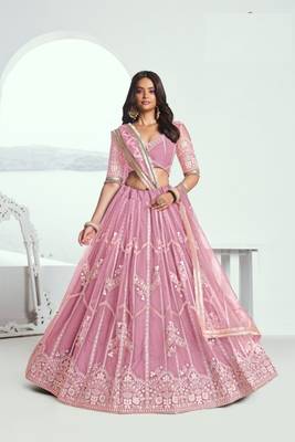 Lavender Heavy Embroidery Net Semi Stitch A Line Lehenga With Blouse 1