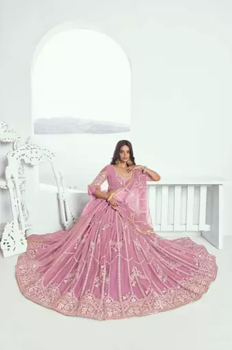 Lavender Heavy Embroidery Net Semi Stitch A Line Lehenga With Blouse