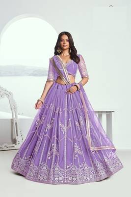 Purple Heavy Embroidery Net Semi Stitch A Line Lehenga With Blouse 1