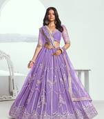 Purple Heavy Embroidery Net Semi Stitch A Line Lehenga With Blouse