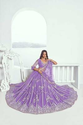 Purple Heavy Embroidery Net Semi Stitch A Line Lehenga With Blouse 2