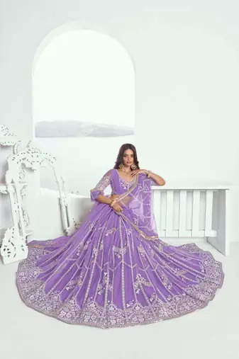Purple Heavy Embroidery Net Semi Stitch A Line Lehenga With Blouse
