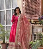 Pink Designer Wedding N Karwa Couth Wear Embroidery Work Gown With Dupatta