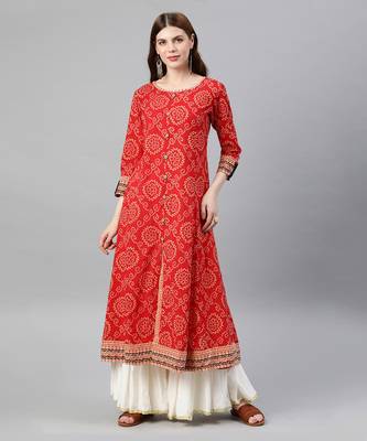 Womens Cotton Bandhej Print Anarkali Kurta (Red) 1