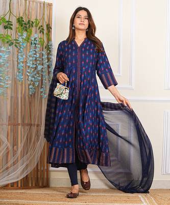  women's rayon ikat printed anarkali kurta mandarin collar with dupatta 1