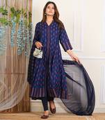 Yash gallery women's rayon ikat printed anarkali kurta mandarin collar with dupatta