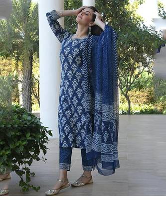Women's rayon printed designer ethnic blue kurti with pant & dupatta set 1