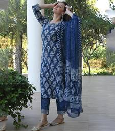 Women's rayon printed designer ethnic blue kurti with pant & dupatta set