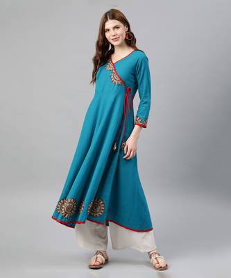 Women'S Cotton Slub Patch Work Angrakha Kurta (Teal) 1