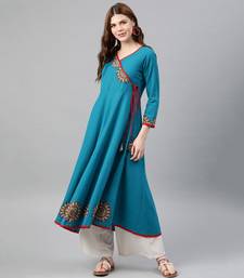 Women'S Cotton Slub Patch Work Angrakha Kurta (Teal)
