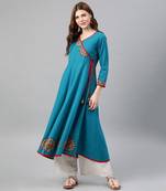 Women'S Cotton Slub Patch Work Angrakha Kurta (Teal)