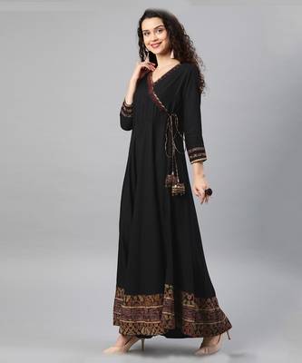 Women'S Rayon Printed Angrakha Style Anarkali Kurta (Black) 1