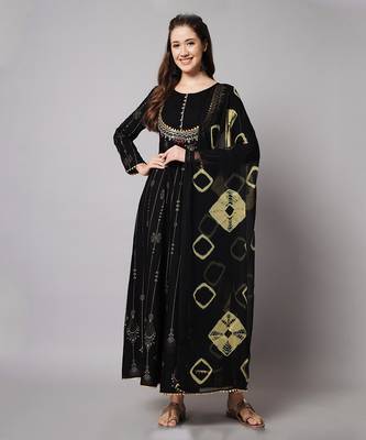 Black Ethnic Gold Printed Maxi A-Line Dress with Dupatta 1