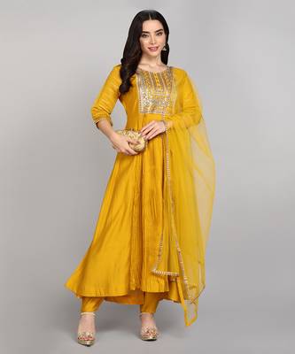 Mustard Yellow Sequence Embroidered Pure chanderi Silk Flare Kurta With Pant & Dupatta Set 1