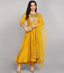 Mustard Yellow Sequence Embroidered Pure chanderi Silk Flare Kurta With Pant & Dupatta Set