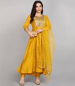 Mustard Yellow Sequence Embroidered Pure chanderi Silk Flare Kurta With Pant & Dupatta Set
