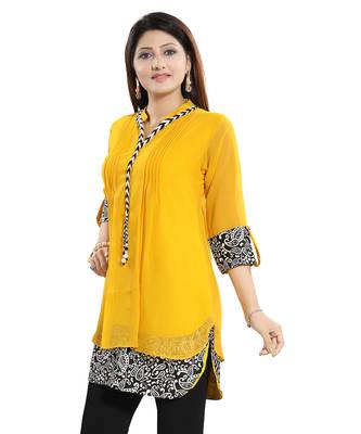 Yellow plain georgette short-kurtis 1