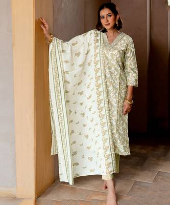 White Green Kalamkari Print Zardosi Embroidery Cotton Kurta With Pant And Dupatta Set 1