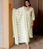 White Green Kalamkari Print Zardosi Embroidery Cotton Kurta With Pant And Dupatta Set
