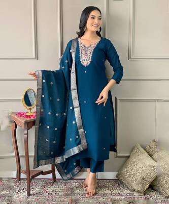 Petrol Embroidered Chanderi Fabric Straight Kurta, Pant and Dupatta Set 1