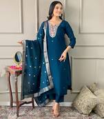 Petrol Embroidered Chanderi Fabric Straight Kurta, Pant and Dupatta Set