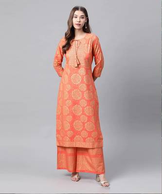 Women Peach Ethnic Printed Kurta and Palazzo Set 1