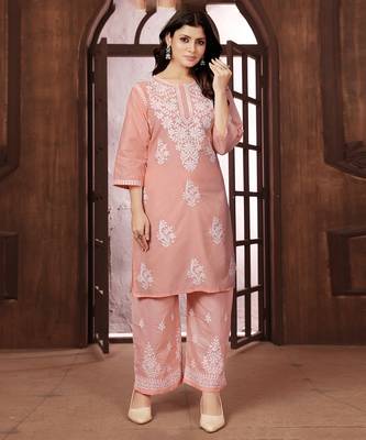 peach heavy cotton white thread work embroidered lucknowi chikankari Kurta With Palazzo Set 1