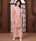 peach heavy cotton white thread work embroidered lucknowi chikankari Kurta With Palazzo Set