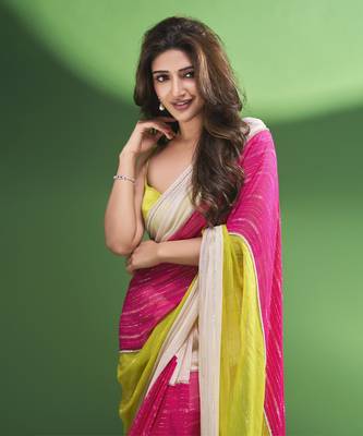 Multi-Colour Block Pre-Draped Embroidered Saree with neon green blouse 6
