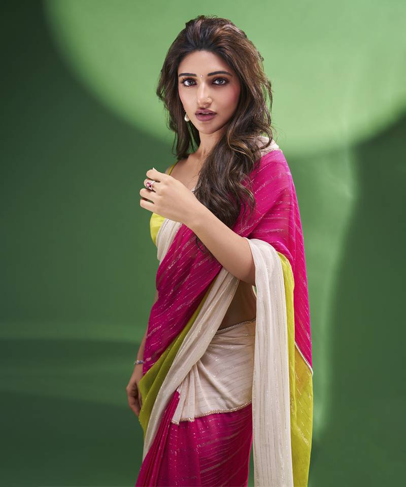 Multi-Colour Block Pre-Draped Embroidered Saree with neon green blouse