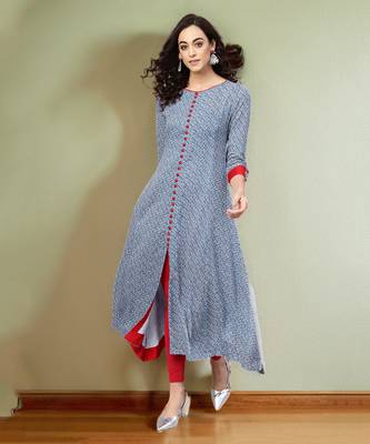 Blue Rayon Geometric Printed A-Line Long Kurti 1